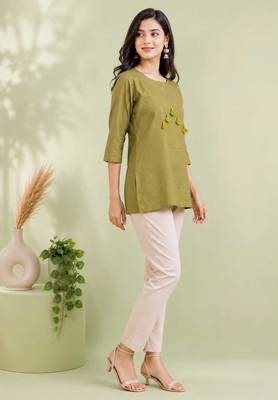 Olive green cotton short kurti for women with tassel detail 2