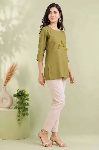 Olive green cotton short kurti for women with tassel detail