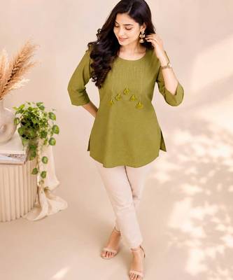 Olive green cotton short kurti for women with tassel detail 3
