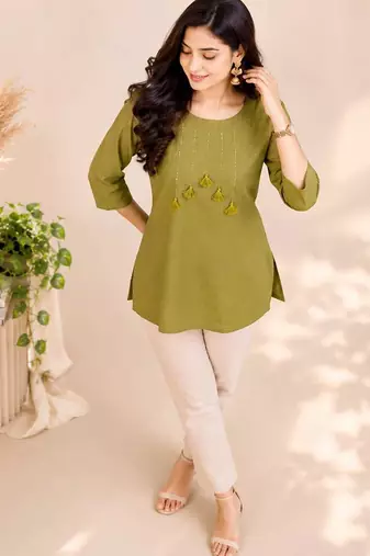 Olive green cotton short kurti for women with tassel detail