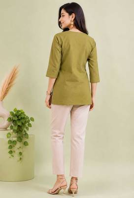 Olive green cotton short kurti for women with tassel detail 4