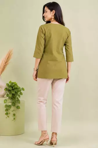 Olive green cotton short kurti for women with tassel detail