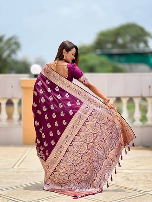 Wine soft banarasi silk blend saree with meenakari zari weaving 2