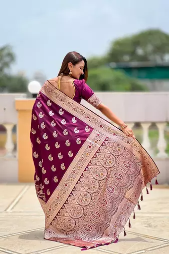 Wine soft banarasi silk blend saree with meenakari zari weaving