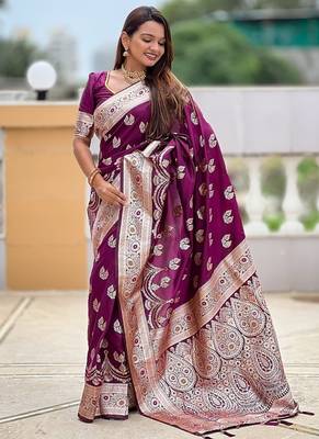 Wine soft banarasi silk blend saree with meenakari zari weaving 3