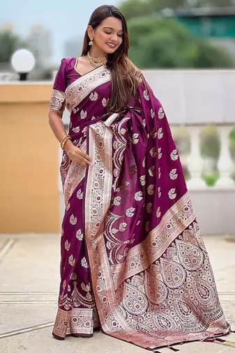 Wine soft banarasi silk blend saree with meenakari zari weaving