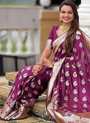 Wine soft banarasi silk blend saree with meenakari zari weaving 4