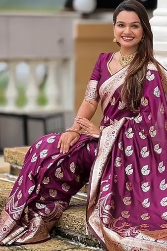 Wine soft banarasi silk blend saree with meenakari zari weaving