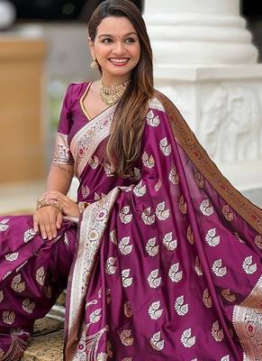 Wine soft banarasi silk blend saree with meenakari zari weaving 5