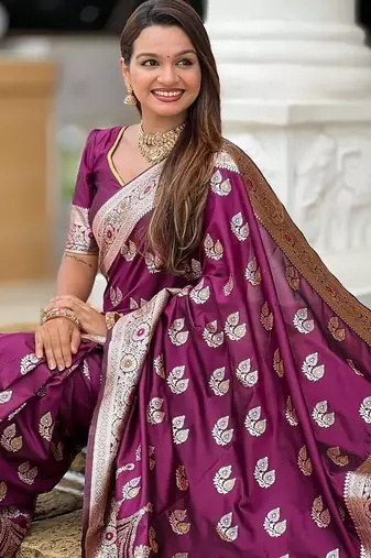 Wine soft banarasi silk blend saree with meenakari zari weaving