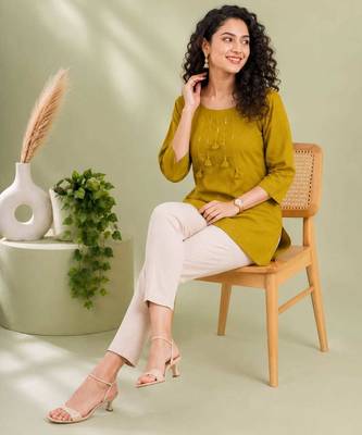 Mustard yellow cotton short kurti for women with tassel detail 2