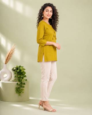 Mustard yellow cotton short kurti for women with tassel detail 3