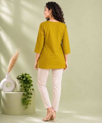 Mustard yellow cotton short kurti for women with tassel detail 4