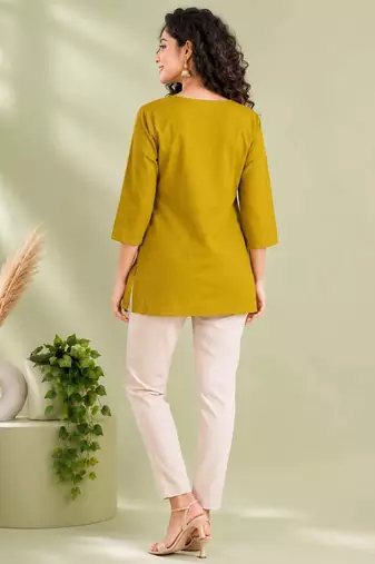 Mustard yellow cotton short kurti for women with tassel detail