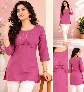 Lavender cotton short kurti for women with tassel detail 2