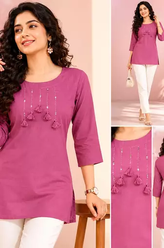 Lavender cotton short kurti for women with tassel detail