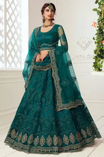 Teal Green Lehenga Choli With Heavy Look and Beautifull Embroidered Work For Women's