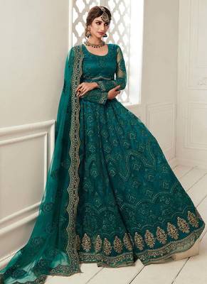 Teal Green Lehenga Choli With Heavy Look and Beautifull Embroidered Work For Women's 2