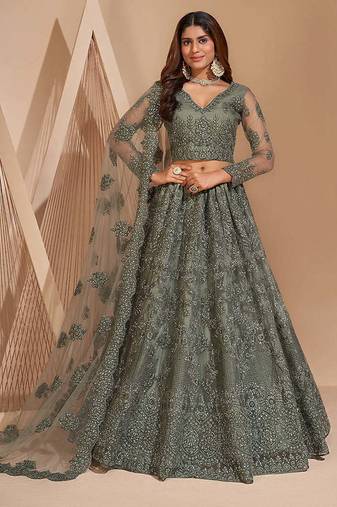 Smoky Green Heavy Coding Embroidered Net & Silk Satin Lehenga Choli For Bride Wedding Look
