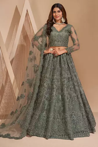 Smoky Green Heavy Coding Embroidered Net & Silk Satin Lehenga Choli For Bride Wedding Look