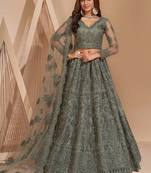 Smoky Green Heavy Coding Embroidered Net & Silk Satin Lehenga Choli For Bride Wedding Look