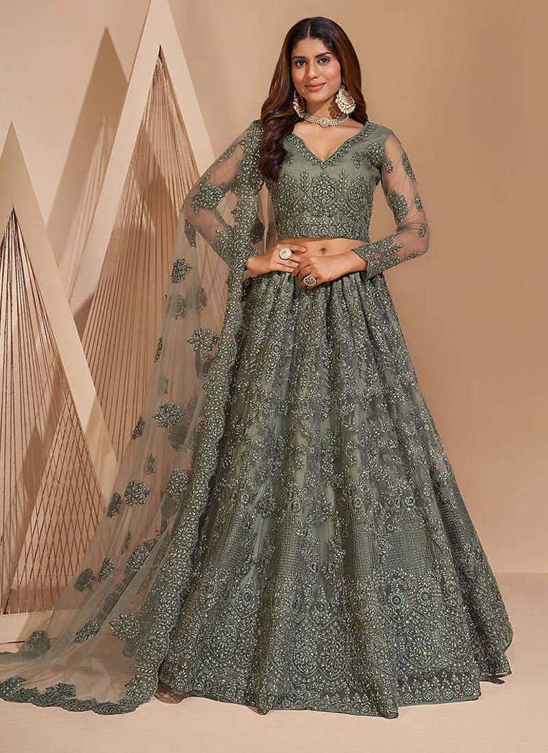 Smoky Green Heavy Coding Embroidered Net & Silk Satin Lehenga Choli For Bride Wedding Look
