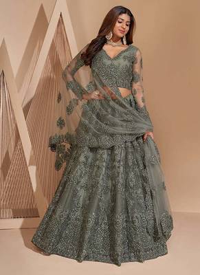 Smoky Green Heavy Coding Embroidered Net & Silk Satin Lehenga Choli For Bride Wedding Look 2