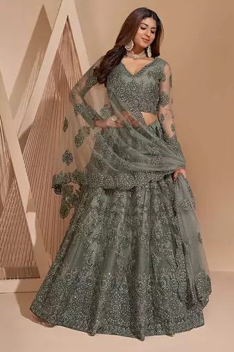 Smoky Green Heavy Coding Embroidered Net & Silk Satin Lehenga Choli For Bride Wedding Look