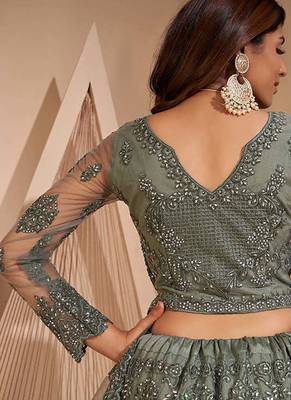 Smoky Green Heavy Coding Embroidered Net & Silk Satin Lehenga Choli For Bride Wedding Look 4