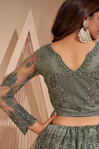 Smoky Green Heavy Coding Embroidered Net & Silk Satin Lehenga Choli For Bride Wedding Look