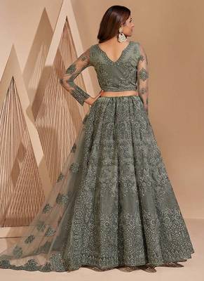 Smoky Green Heavy Coding Embroidered Net & Silk Satin Lehenga Choli For Bride Wedding Look 5