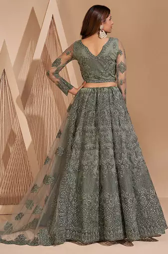 Smoky Green Heavy Coding Embroidered Net & Silk Satin Lehenga Choli For Bride Wedding Look