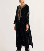 Black zari & sequins embroidered velvet stitched straight kurta set with pant