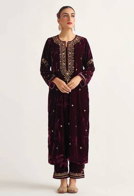Wine zari & sequins embroidered velvet stitched straight kurta set with pant 1