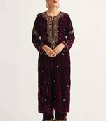 Wine zari & sequins embroidered velvet stitched straight kurta set with pant