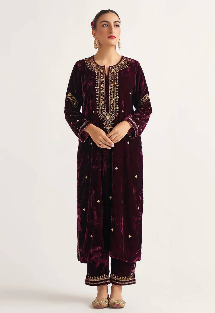 Wine zari & sequins embroidered velvet stitched straight kurta set with pant