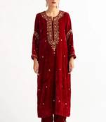 Red zari & sequins embroidered velvet stitched straight kurta set with pant
