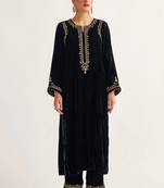 Navy-blue zari & sequins embroidered velvet stitched straight kurta set with pant