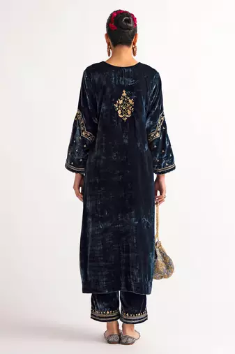 Navy-blue zari & sequins embroidered velvet stitched straight kurta set with pant
