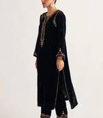 Black zari & sequins embroidered velvet stitched straight kurta set with pant