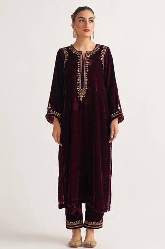 Wine zari & sequins embroidered velvet stitched straight kurta set with pant