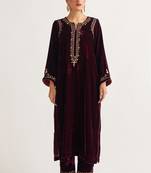 Wine zari & sequins embroidered velvet stitched straight kurta set with pant