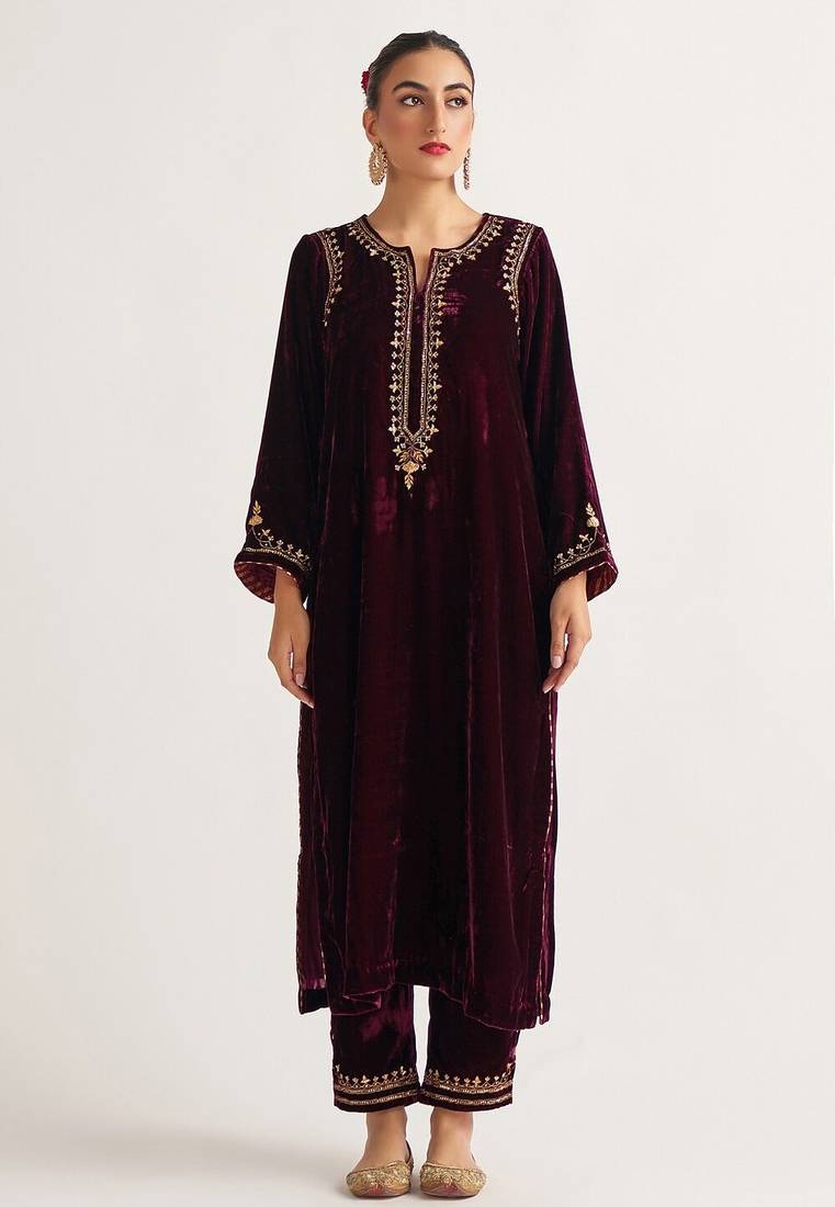 Wine zari & sequins embroidered velvet stitched straight kurta set with pant