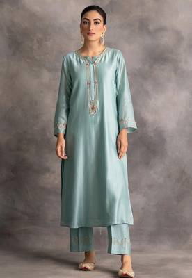 Light-blue floral embroidered chanderi silk stitched straight kurta set with pant 1