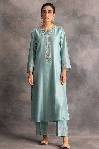 Light-blue floral embroidered chanderi silk stitched straight kurta set with pant