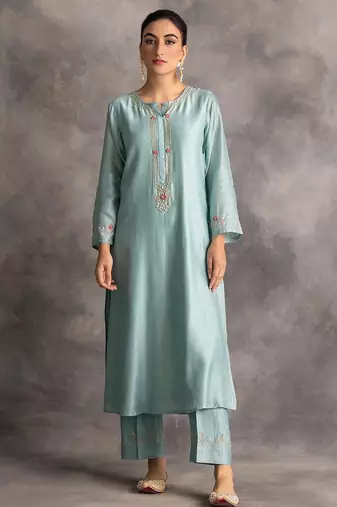 Light-blue floral embroidered chanderi silk stitched straight kurta set with pant