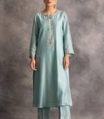 Light-blue floral embroidered chanderi silk stitched straight kurta set with pant