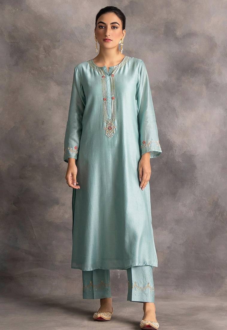 Light-blue floral embroidered chanderi silk stitched straight kurta set with pant