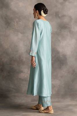 Light-blue floral embroidered chanderi silk stitched straight kurta set with pant 2