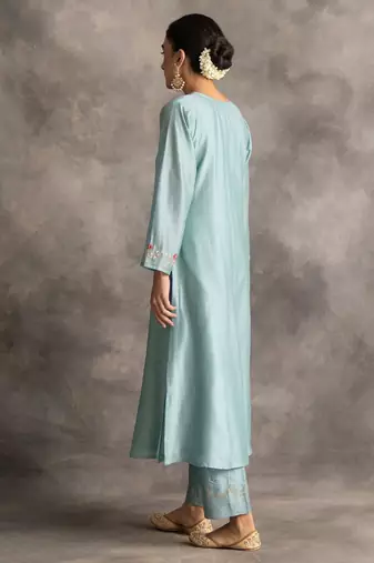 Light-blue floral embroidered chanderi silk stitched straight kurta set with pant